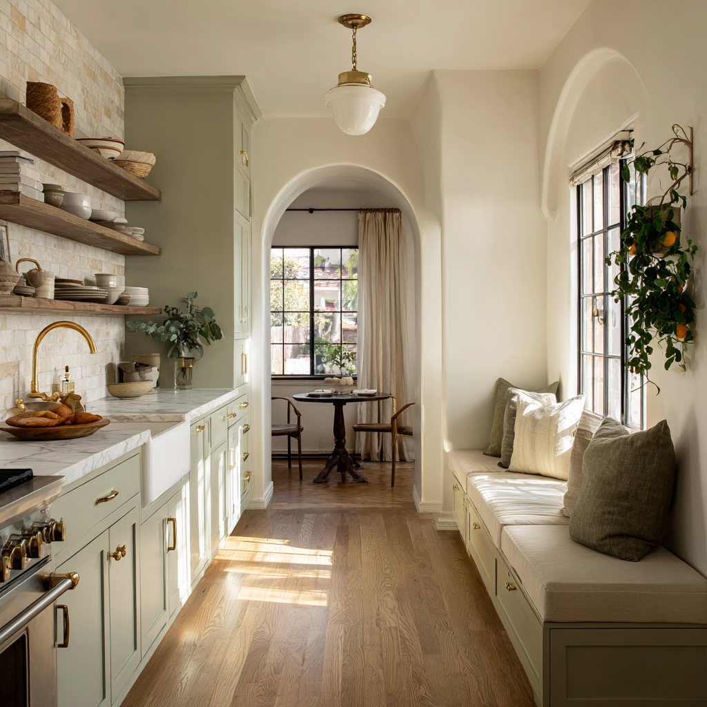 Bright, freshly cleaned Charleston kitchen with white cabinetry and sunlit hardwood floors
